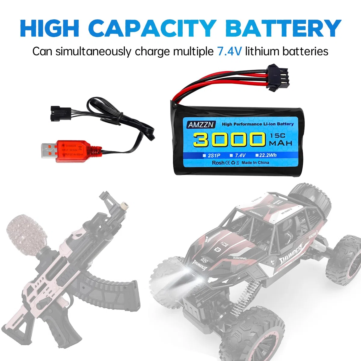 7.4V 3000mah 15C 2S SM-4P spina Li-ion batteria con caricabatterie USB per EC08 DE85 RC auto,Camion RC nave telecomando drone ingegneria veicolo batteria di riserva