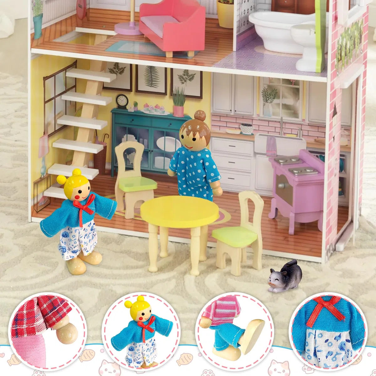 Casa Delle Bambole in Legno, 14 Pezzi Bambole in Legno Casa Delle Bambole, Casa Delle Bambole in Legno Famiglia Set con Gatto e Cane, Figure Bambole Piegare per Casa Delle Bambole Accessori Regalo