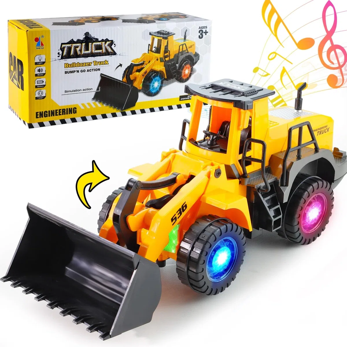 Bulldozer Giocattolo,camminare automatico con suono e luce veicoli da cantiere,Camion da Cantiere Bulldozer,Giocattolo di Sabbia da Miniera,con luci e musica multipla,per bambini 3-7anni