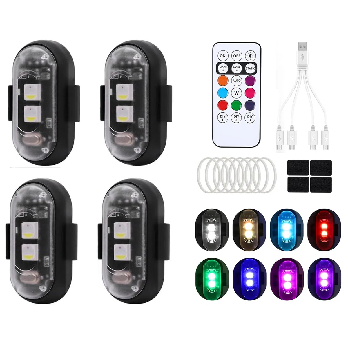 4 Pezzi Luci Stroboscopiche Drone con Telecomando, 8 Colori Ricarica USB Lmpermeabile Luce a LED per Droni Moto ATV Biciclette RC Car