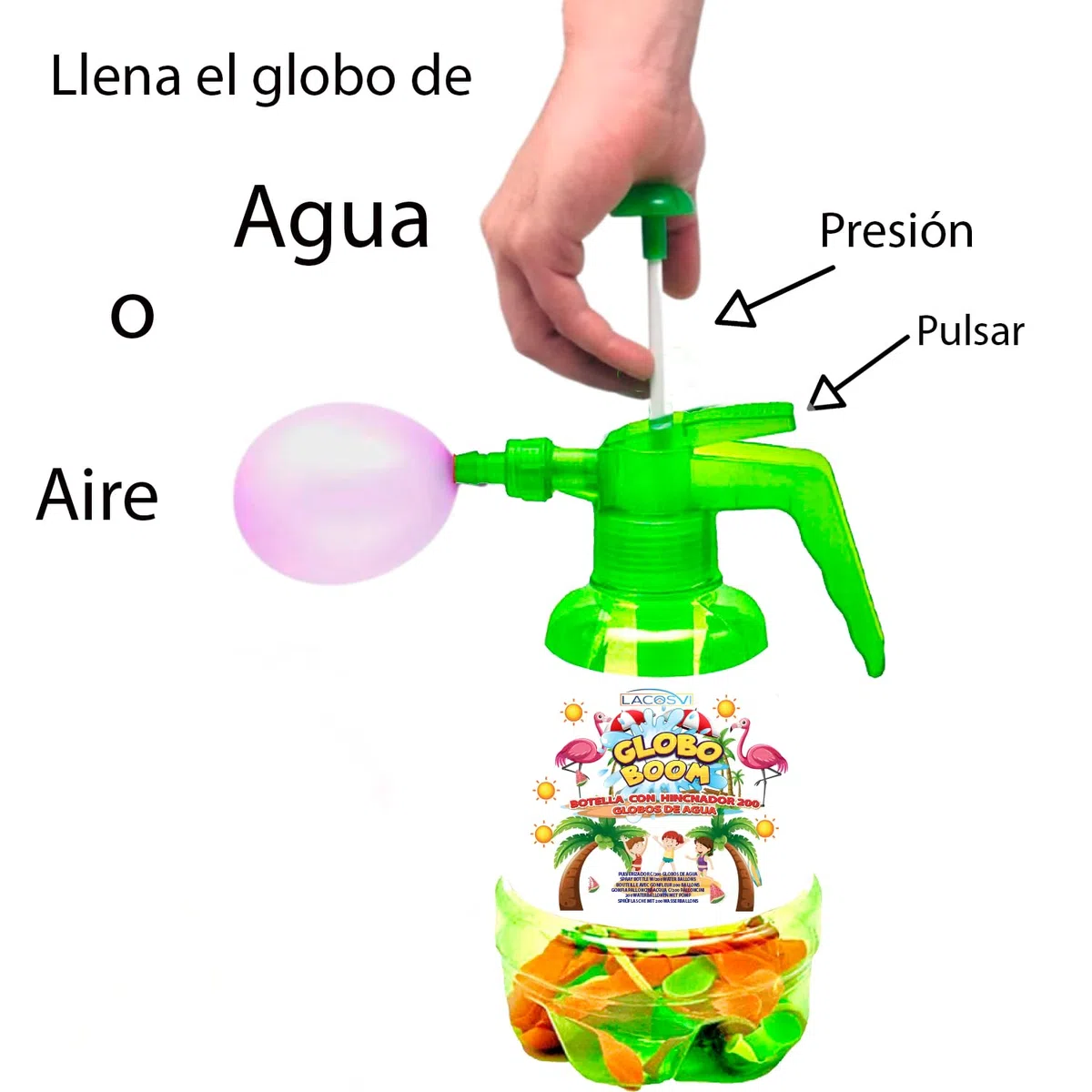 LACOSVI Flacone iniettore per riempire palloncini d'acqua super veloce, include 200 palloncini d'acqua nel gonfiatore realizzati in Spagna biodegradabili (bottiglia + 200 palloncini)