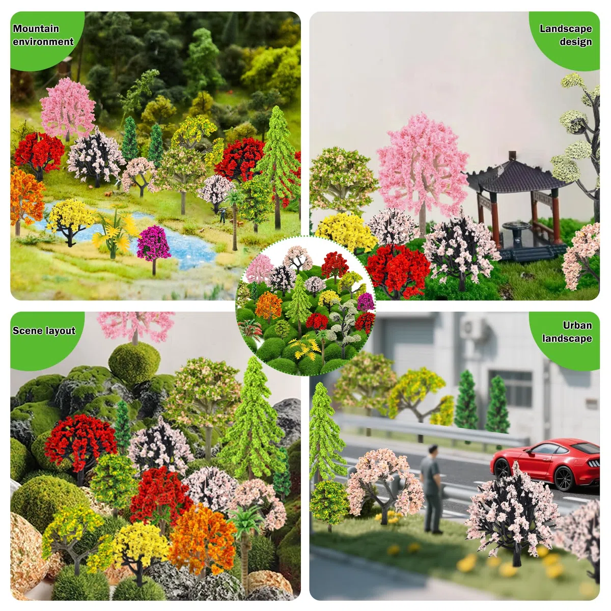 QUOZUO 42PCS Mini Modello Alberi in Miniatura, Modello Misto Alberi Colorati Costruire Treno Scenario
