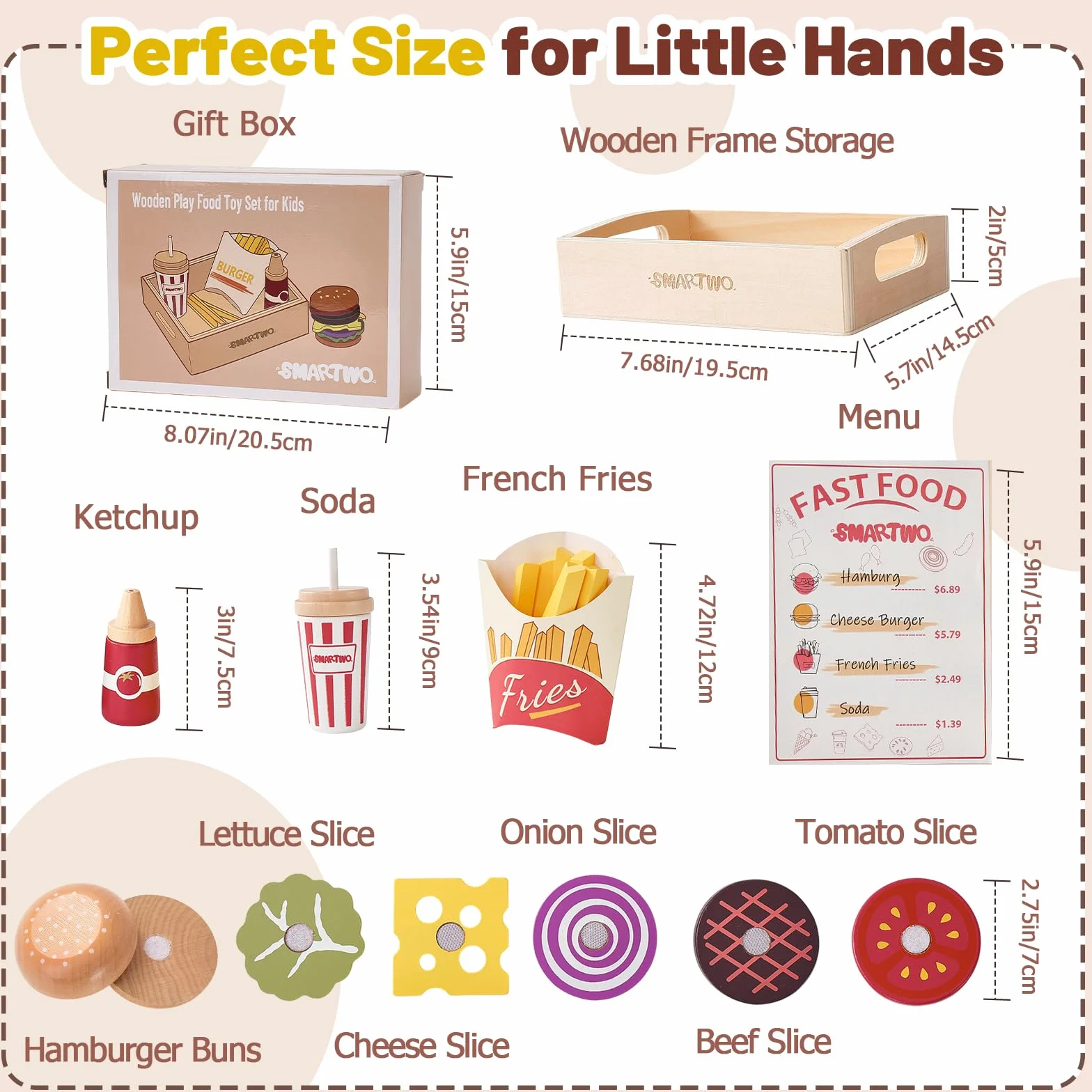 Cibo Giocattolo per Bambini, Set di Legno per Hamburger e Patatine Fritte, Fast Food Playset, Alimenti Finto, Accessori Cucinetta, Giochi in Cucina per 2 3 4 5 6 Anni, Regalo Bambino
