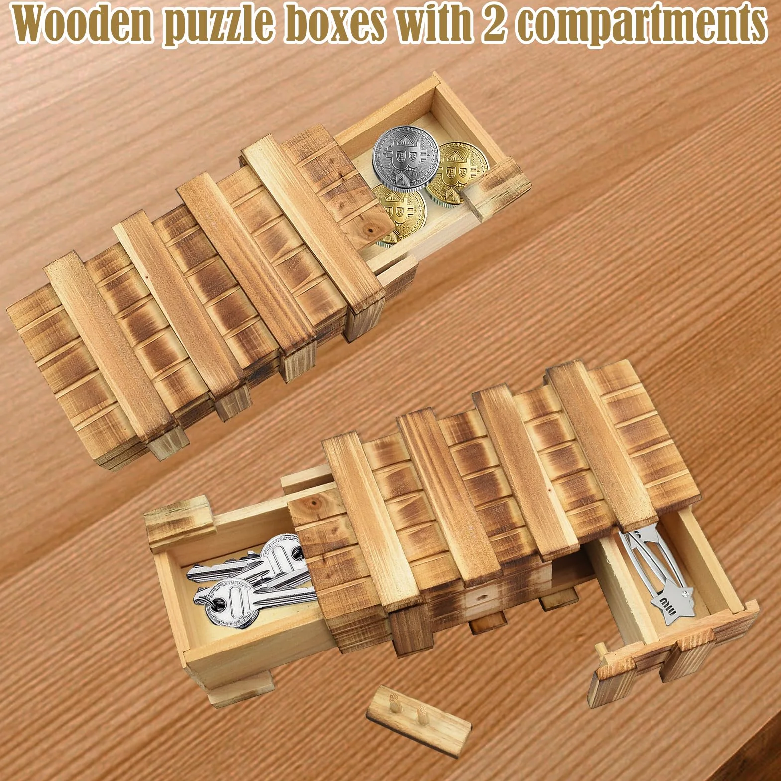 Confezione da 2 piccole scatole puzzle in legno con scomparti, compiti di pensiero per adulti, mini cassettiera per soldi, gioielli, giocattoli IQ per bambini, 15 cm x 8 cm x 5 cm