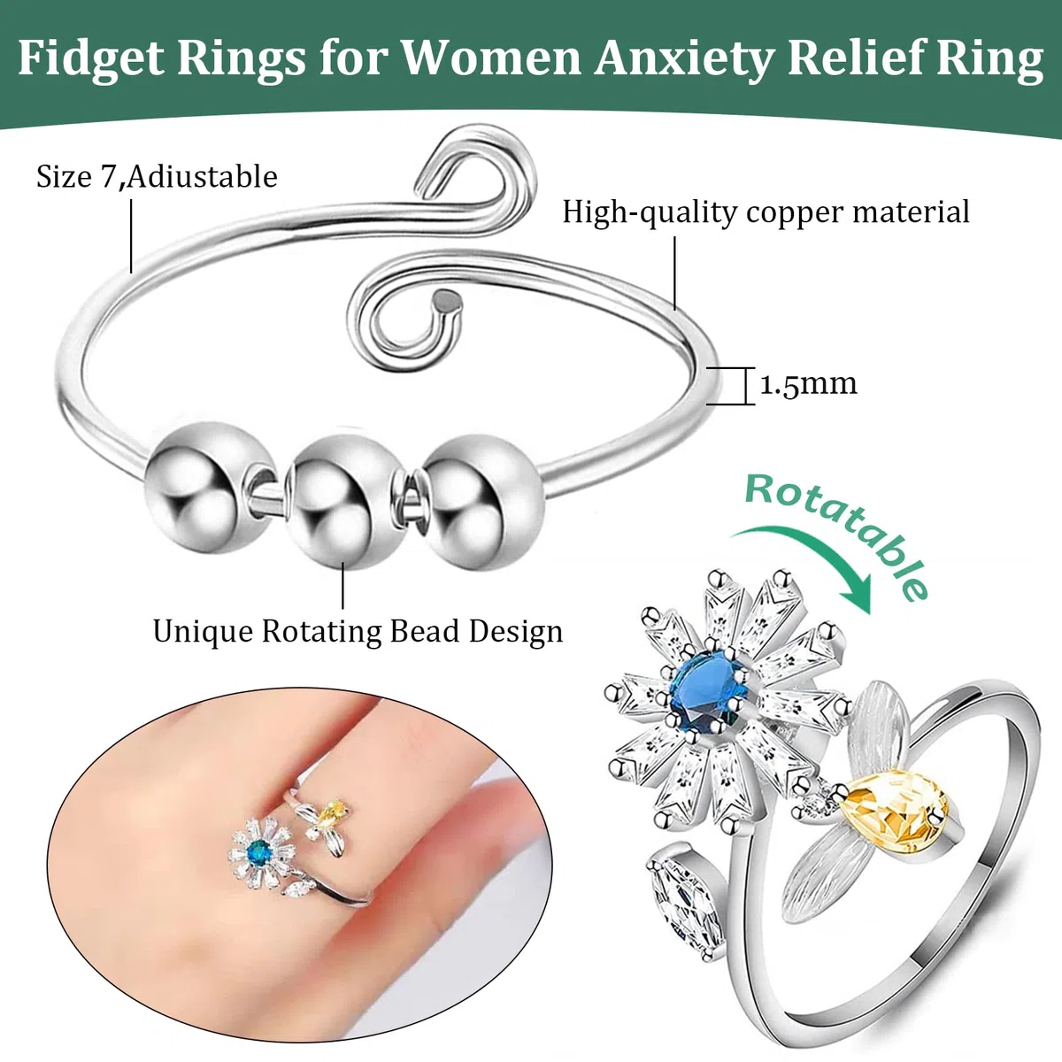 6 PCS Fidget Ansia Anelli Anelli Regolabili Set Open Spinning Fidget Rings Anello da Donna con Perline Anello Geometrico Rotondo con Perline Anello Girevole per Alleviare lo Stress