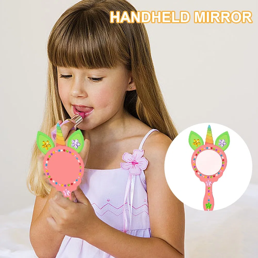 Unicorno Specchio in Legno Fai da Te 12 Pezzi Kit Lavoretti Creativi per Bambini Mini Specchio a Mano con Manico per Ragazze
