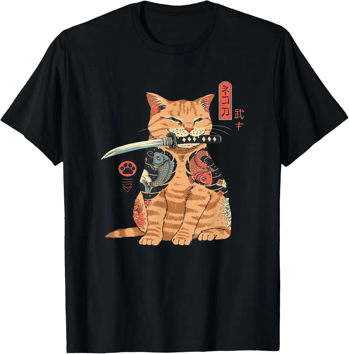 Giapponese Samurai Ninja Cat Kawaii Tattoo Graphic Maglietta