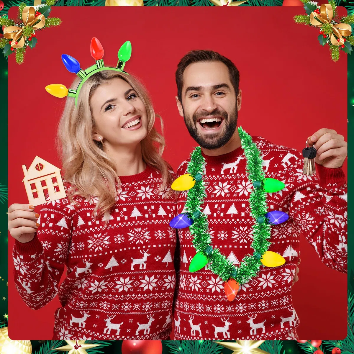 Hifot 2 Pezzi LED Cerchietto Natale Donna Bambina Costume Luminosa LED Collana Natale Lampadina con 3 Diverse modalità Flash Fascia per Capelli Feste di Natale