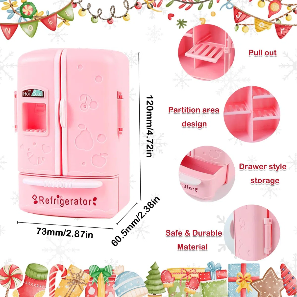 Accessori per la casa delle bambole, Mini Verse Frigorifero giocattolo con 40+ Mini alimenti, set da gioco per bambini, frigorifero per bambini realistico con ghiaccio, succo e accessori da cucina