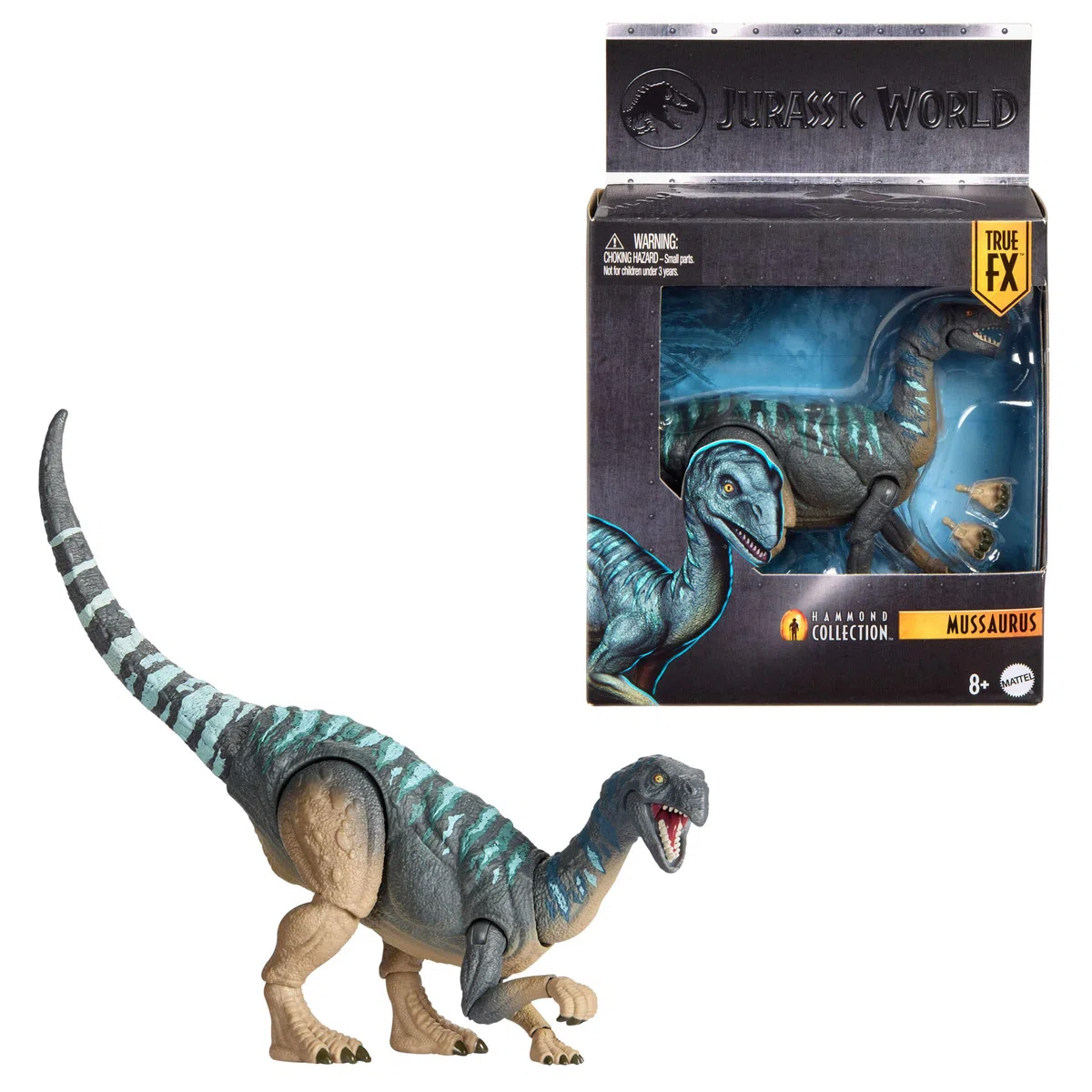 Mattel Jurassic World Hammond Collection - Mussaurus, dinosauro dal design premium con occhi realistici, 15 punti di articolazione e zampe extra incluse, 8+ anni, JKM89
