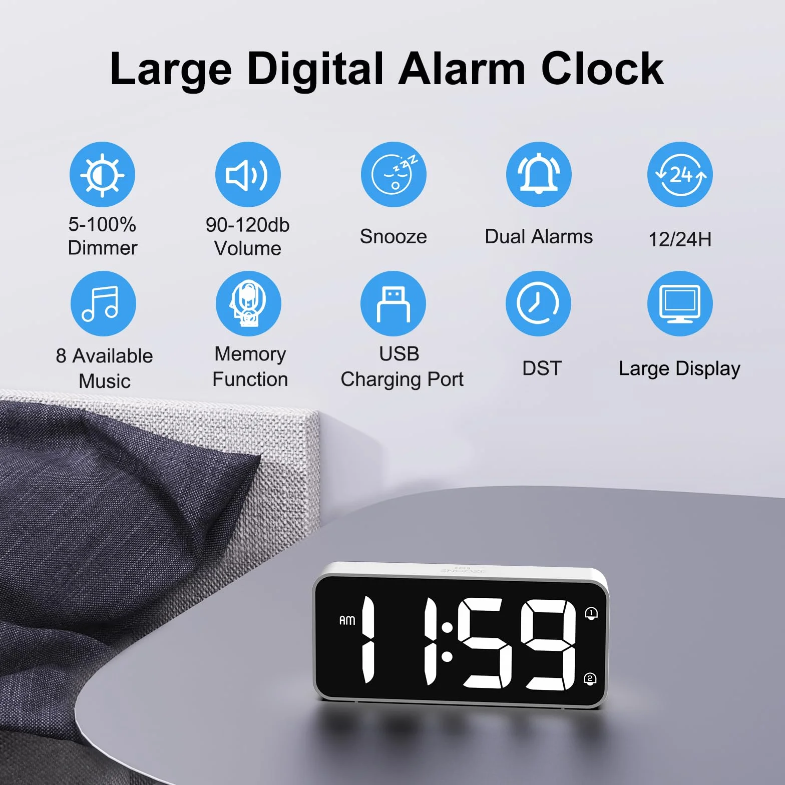 Sveglia da Comodino, Sveglia Digitale con Led Numeri Grandi, 0-100% Dimmer, 90-120 dB Volume, 2 Allarme, 12/24H, Snooze, Porta di Ricarica USB (Adapter Incluse), Bianco