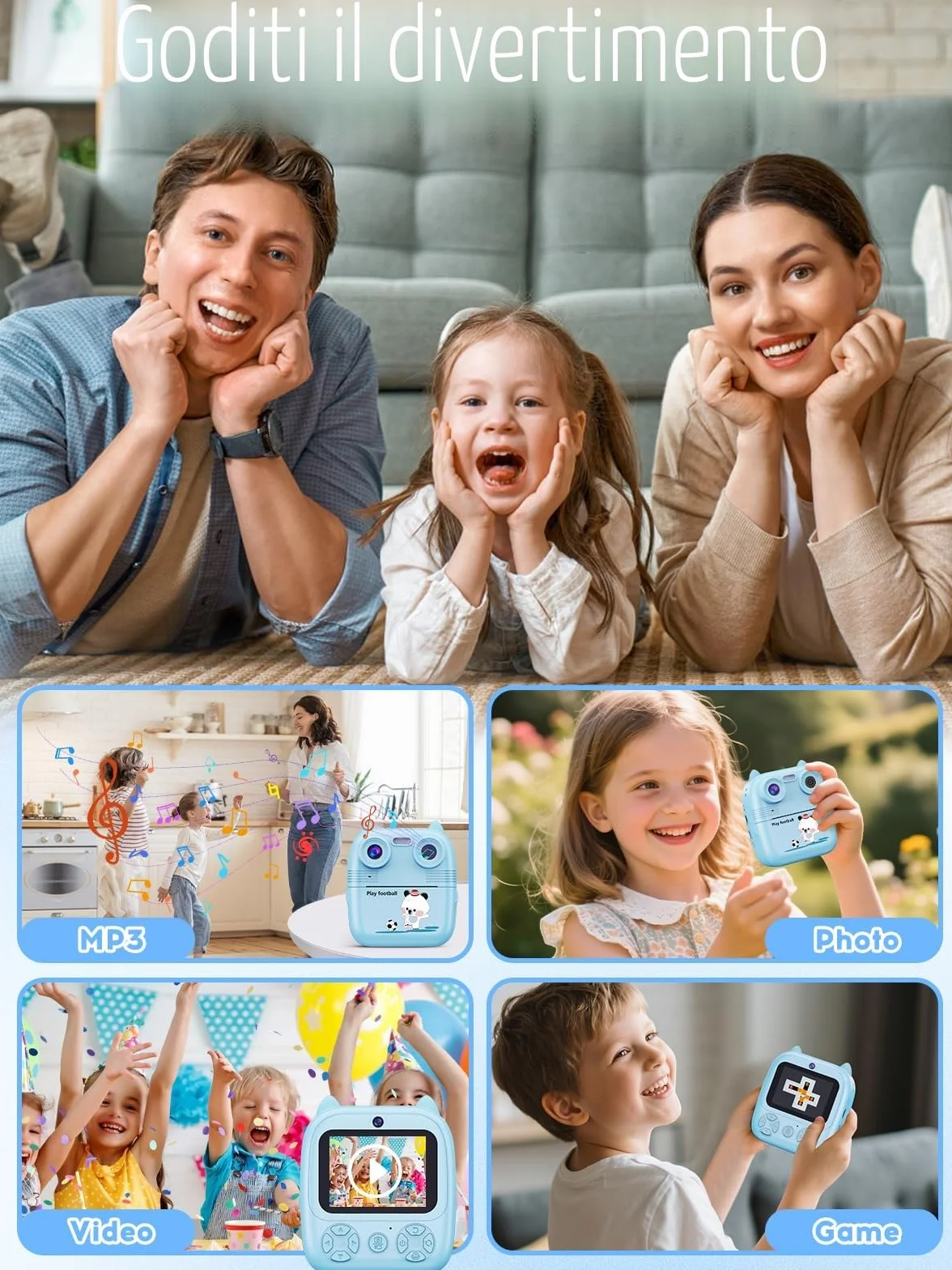 Macchina Fotografica Bambini Istantanea, 48MP e 1080FHD Dual-Camera Obiettivo Fotocamera Digitale con 4 Rulli di Carta da Stampa 2,4 Pollici IPS Schermo di Protezione Oculare 32GB Scheda (Blu)