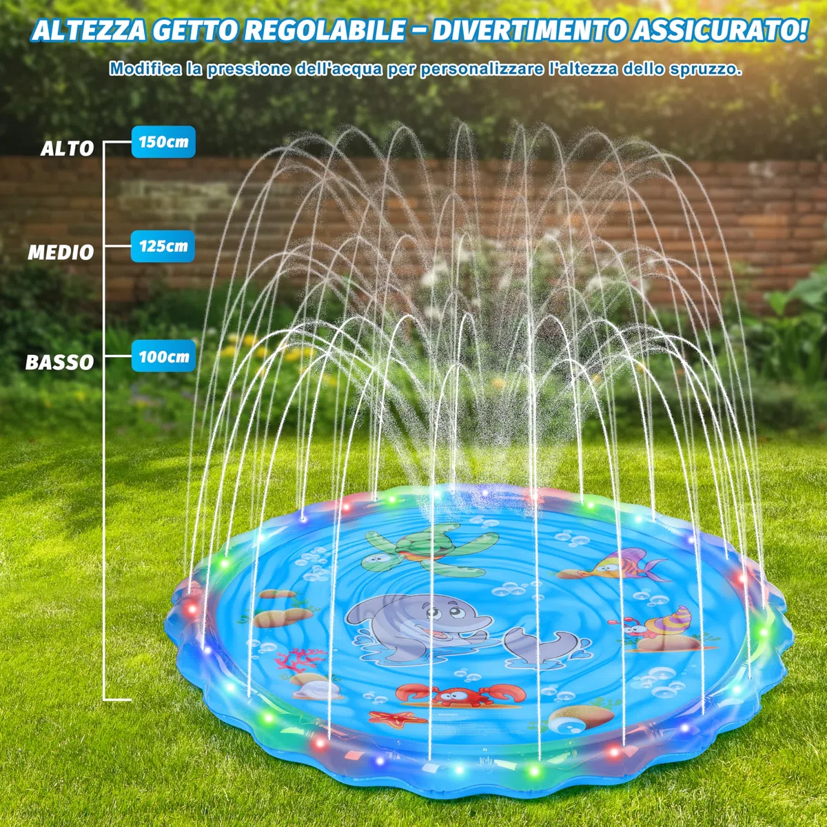 IEEILULU Tappetino Gioco d'Acqua per Bambini, 170cm Splash Pad, Giardino Estivo All'aperto Spray Acqua Giocattoli per Bambini (Blu)