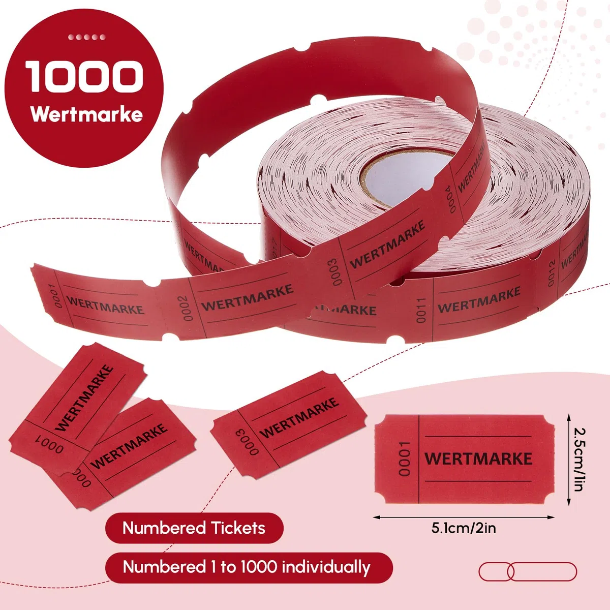 Nezyo Rotolo di Gettoni 1000 Fogli di Gettoni Perforati Rotolo Alimentari a Numero Consecutivo per Bevande a Strappo per Negozi Matrimonio Festa(Rosso,Wertmarke)