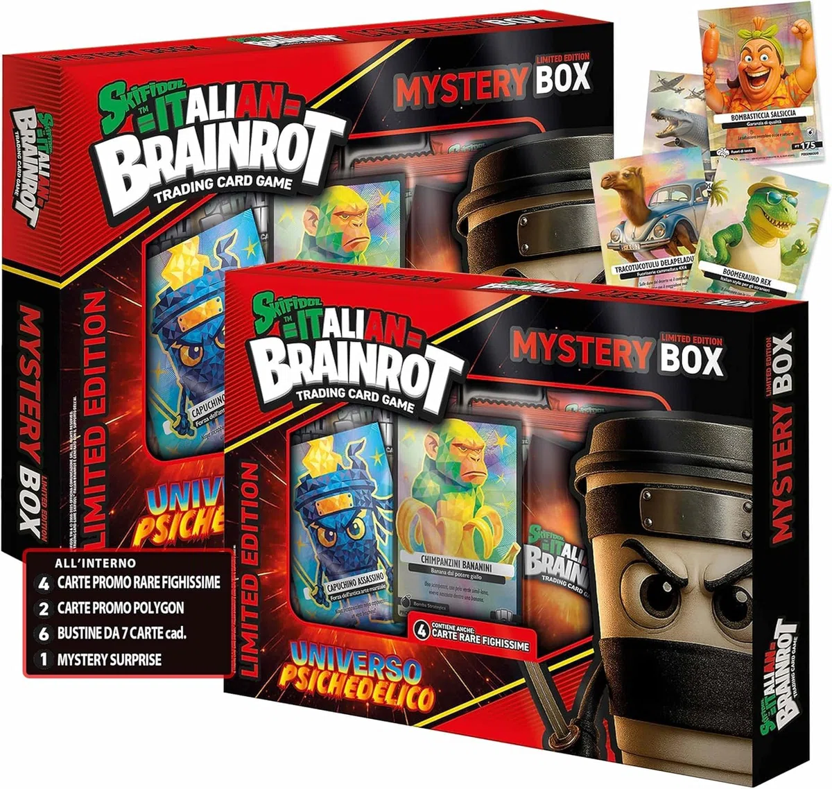 Generico Skifidol Italian Brainrot Mystery Box Universo Psichedelico, Trading Card Game, Edizione Limitata con 4 Carte Promo Rare, 2 Polygon e 42 Carte Serie Alpha