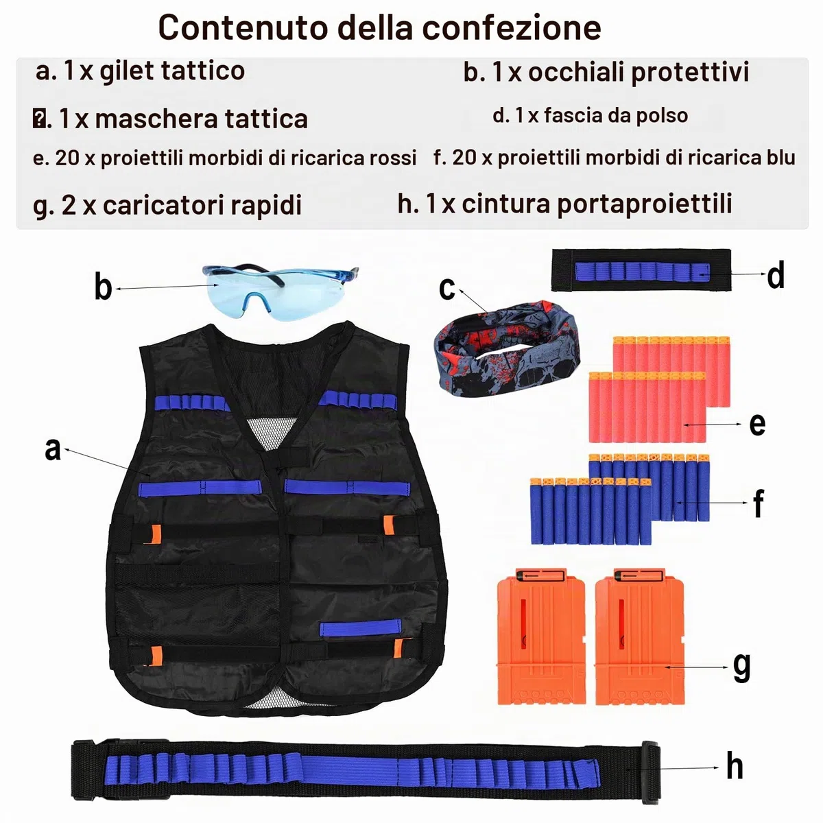 LUUFAN Tactical Gilet Kit per pistole NERF con clip di ricarica, frecce di ricarica, braccialetto, occhiali di protezione maschera tattica e frecce cinture regalo di compleanno