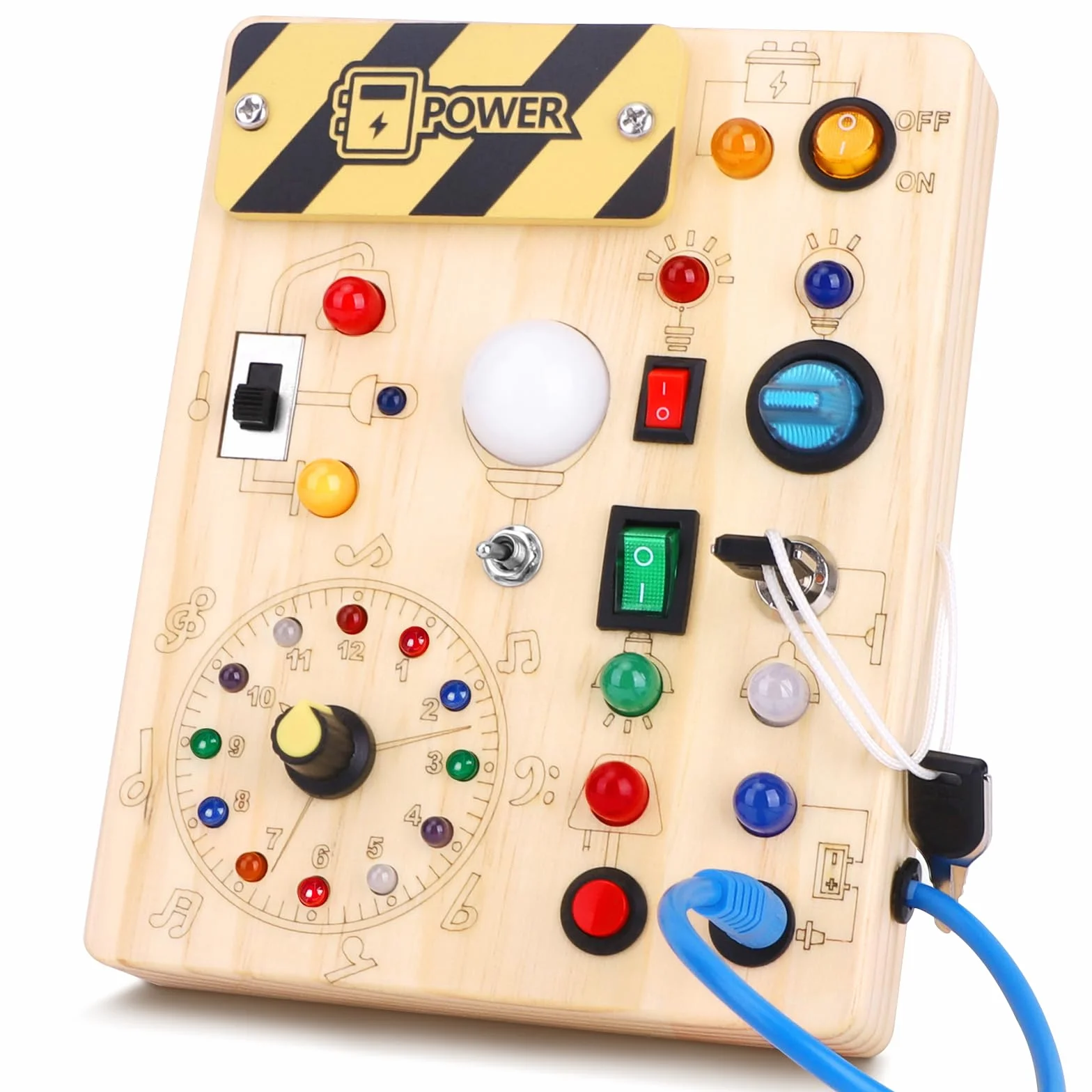 Hoarosall Busy Board Tavola delle attività Montessori in Legno per Bambini 1 2 3 Anni - Busy Board Sensoriale con 10 Interruttori e 23 Luci LED per Sviluppare la Motricità Fine