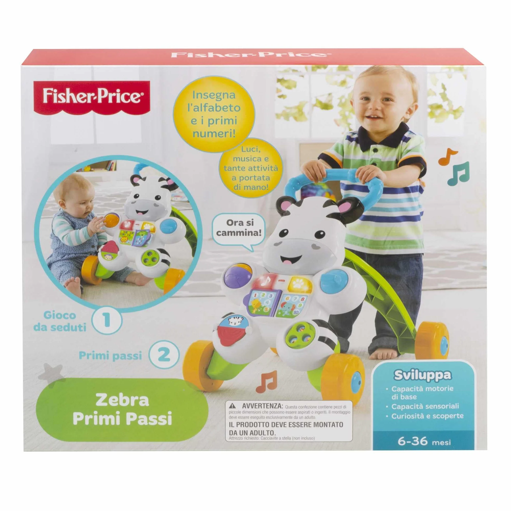 Fisher-Price Zebra Primi Passi Spingibile, Giocattolo Elettronico Educativo con Musica e Suoni, per Camminare, per Bambini di 6+ Mesi, Italiano Imballaggio Sostenibile, HBB66