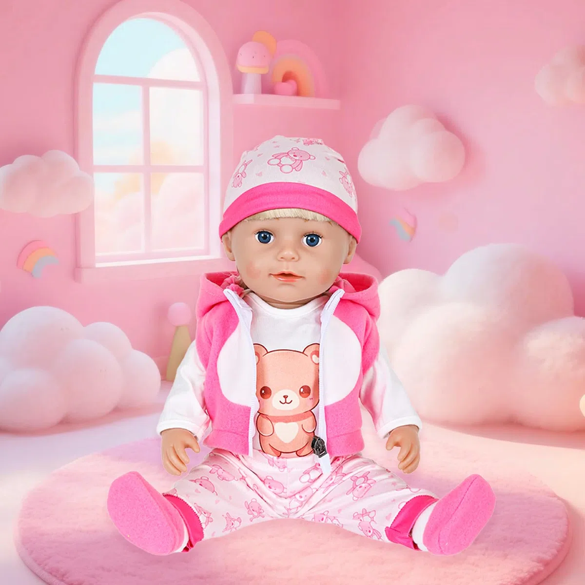 Vestiti per bambole da 35 a 43 cm, 8 pezzi rosa orsacchiotto, accessori per bambole con pagliaccetto, pantaloni con cappuccio, scarpe con orsetto, bambola, 2 grucce per bambole da 14 a 18 pollici