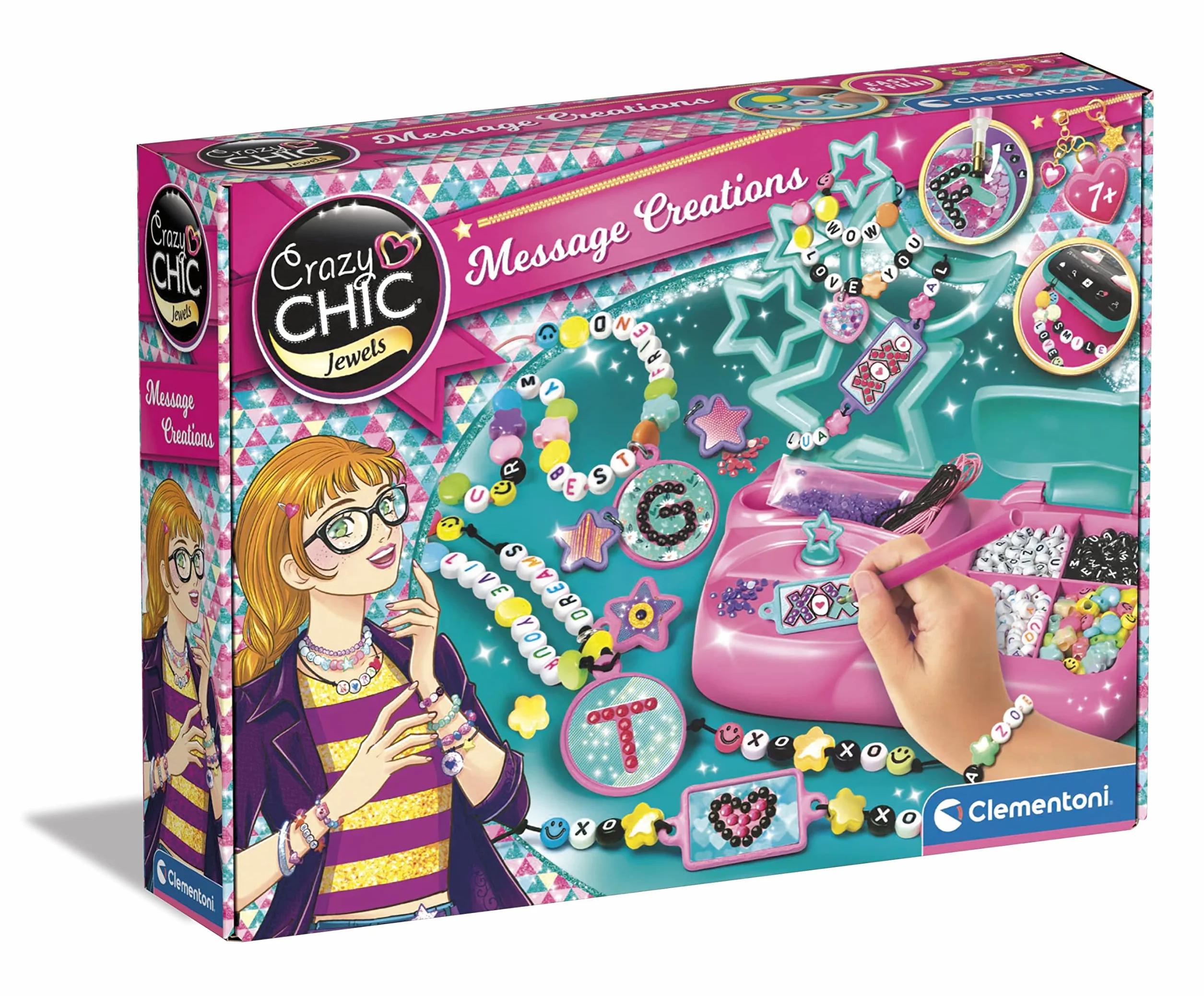 Clementoni Crazy Chic - Message Creations, Giochi Creativi Bambini 7+ Anni, Kit Creativo per Realizzare Braccialetti e Collane Personalizzati con Lettere, Perline e Gemme, Made in Italy, 18729