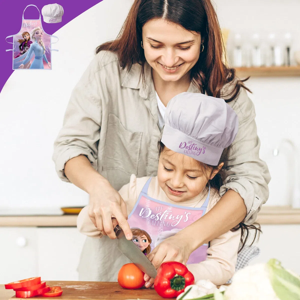 Grembiule Cucina Bambini Frozen, Set Chef con Cappello, Vestito Cuoco Bambino, Grembiule e Cappello regolabile per dipingere, Costume Cuoco Bambino, Elsa Magic