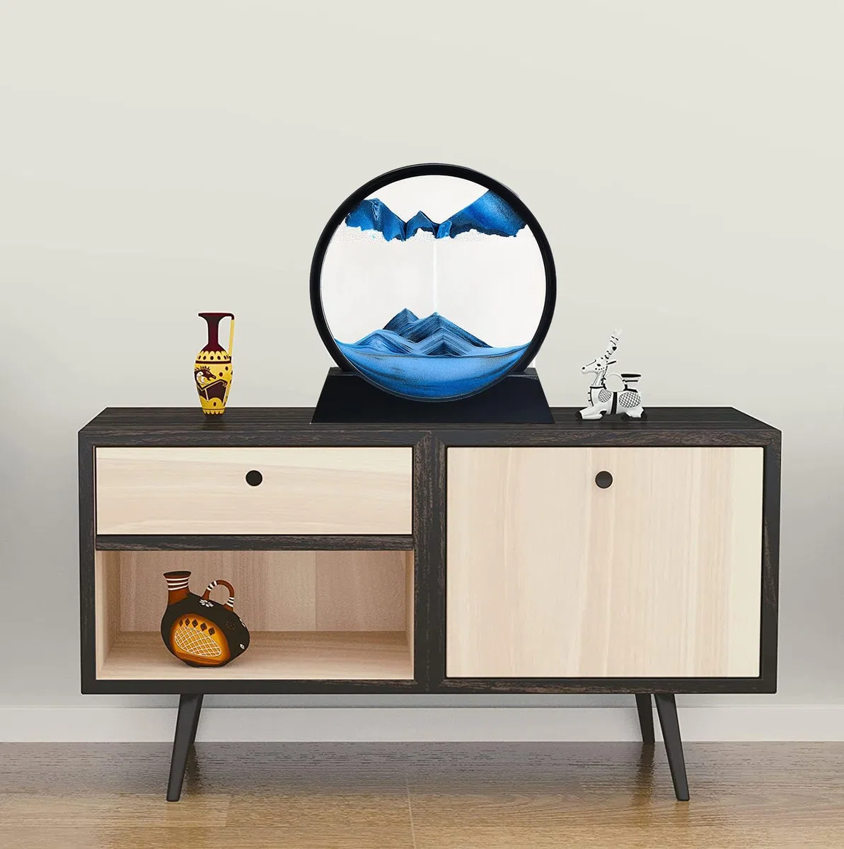 LINPING Pittura di Sabbia Che Scorre,Immagine di Arte della Sabbia in Movimento Vetro Rotondo Paesaggio di Sabbia del Mare Profondo 3D Cornice Che Scorre, Rilassante Desktop Home Office Work Decor