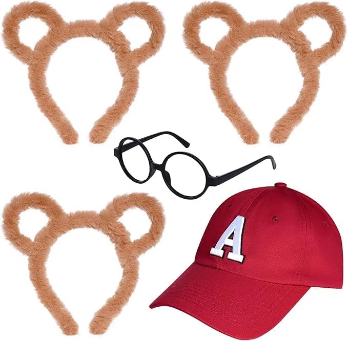 baotongle Set di 5 costumi Chipmunks 3 chipmunk orecchie fascia 1 cornice occhiali 1 cappello rosso per karnaval Halloween party animali accessori costume