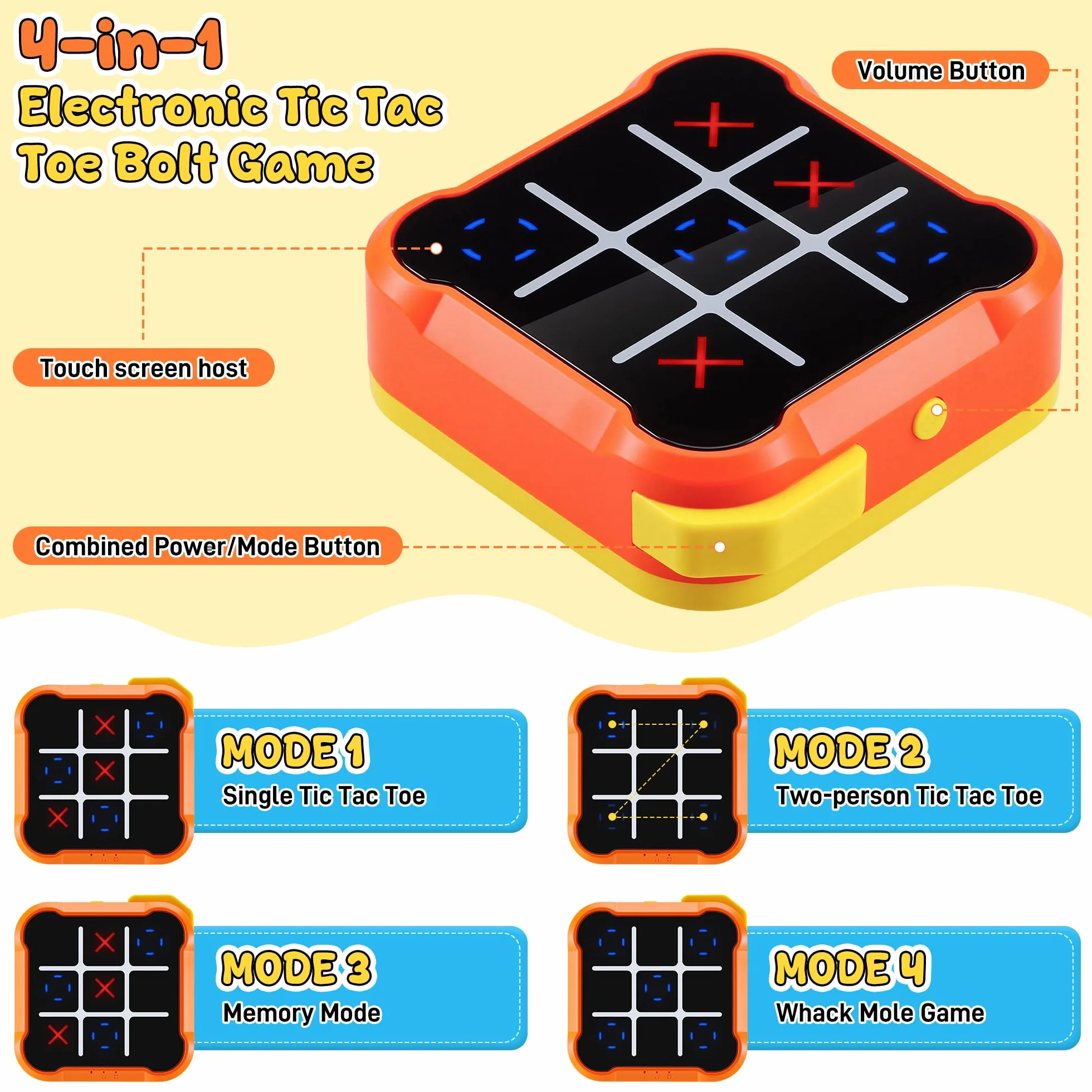 Elettronico Tic Tac Toe Bolt Gioco 4-in-1, Console Giochi Tris Elettronico Silenziosa, Giochi Portatili da Viaggio, Gioco di Reazione e Logica per Adulti, Ricaricabile (1-4 Giocatori), Arancione