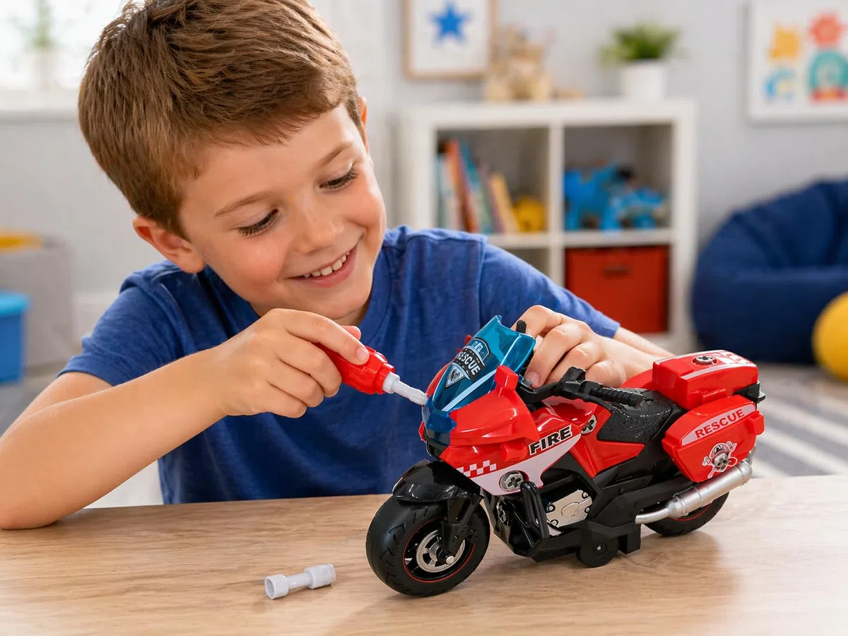 Teorema PLAY CITY Moto Smonta Rimonta per Bambini, Polizia e Vigili del Fuoco, con Luci e Suoni, Movimento a Frizione, Scala 1:20, Con Cacciavite per Bambini, Livrea Assortita