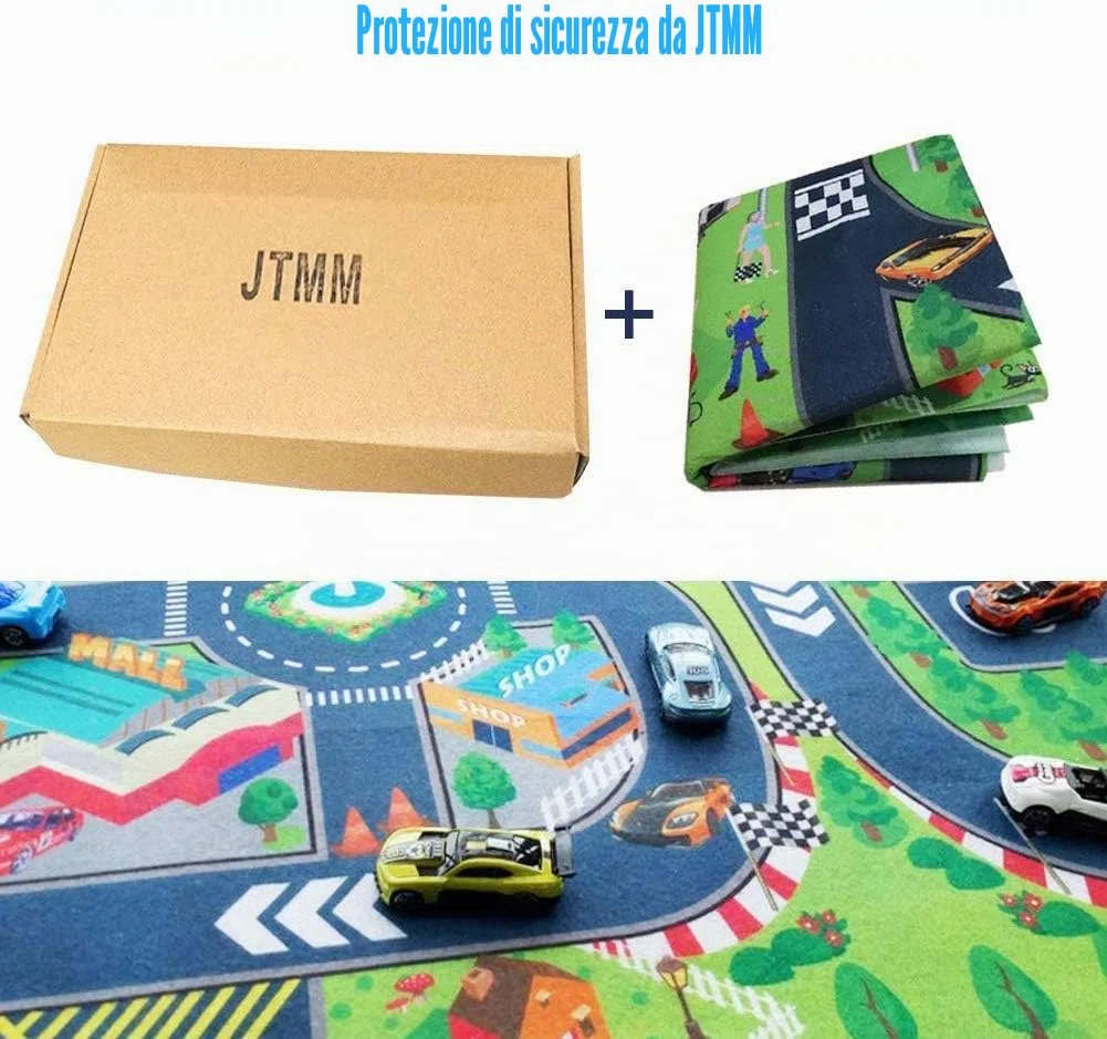 Tappetino educativo da gioco per bambini con una pista per le macchinine disegnata, ideale come regalo per far giocare i bambini in modo sicuro durante un viaggio, in spazi interni o esterni
