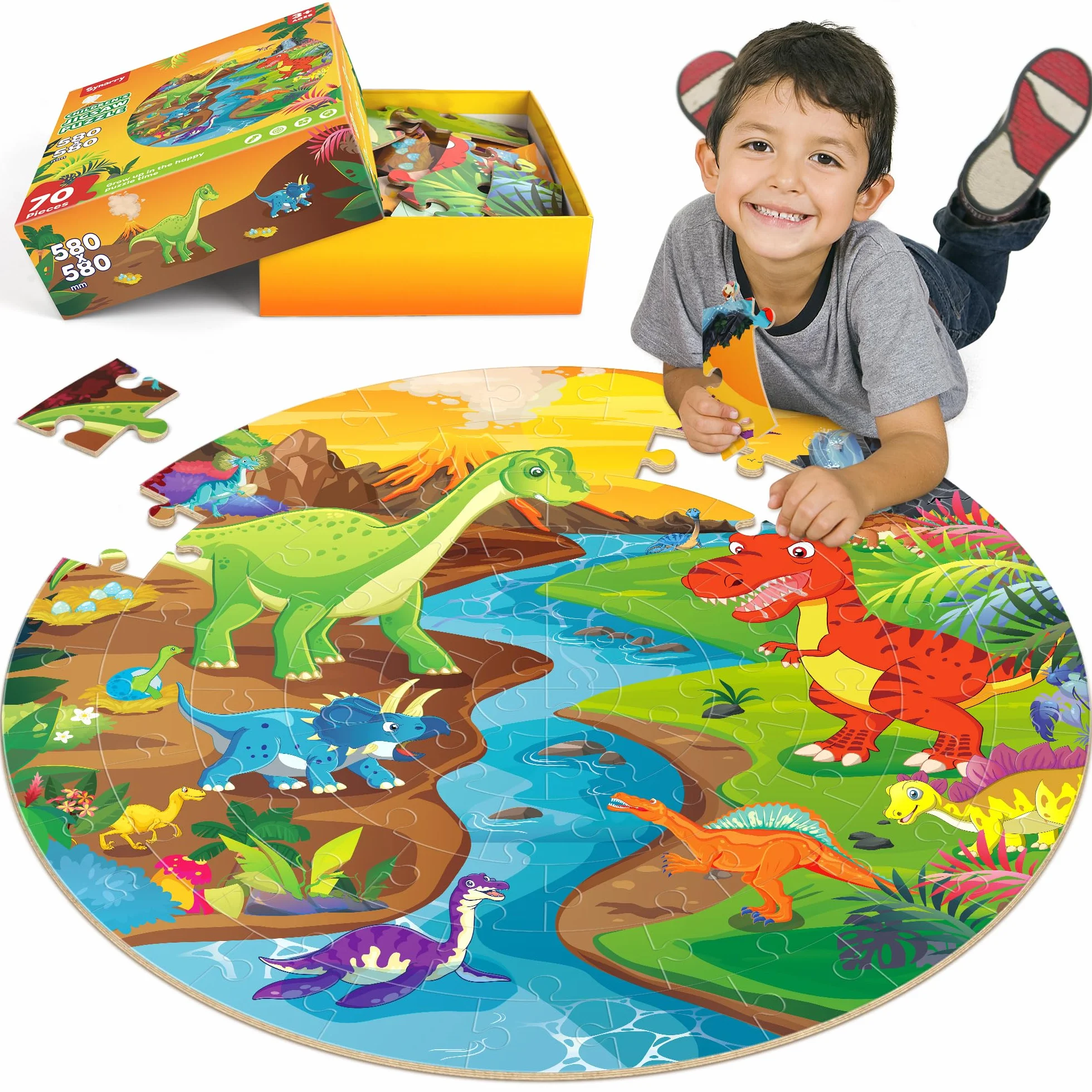 SYNARRY Puzzle da Pavimento Dinosauri in Legno Bambini 3 4 5 6 7 8 Anni, 70 Pezzi Puzzle Dinosauri, Giocattoli Educativi Prescolari Regali