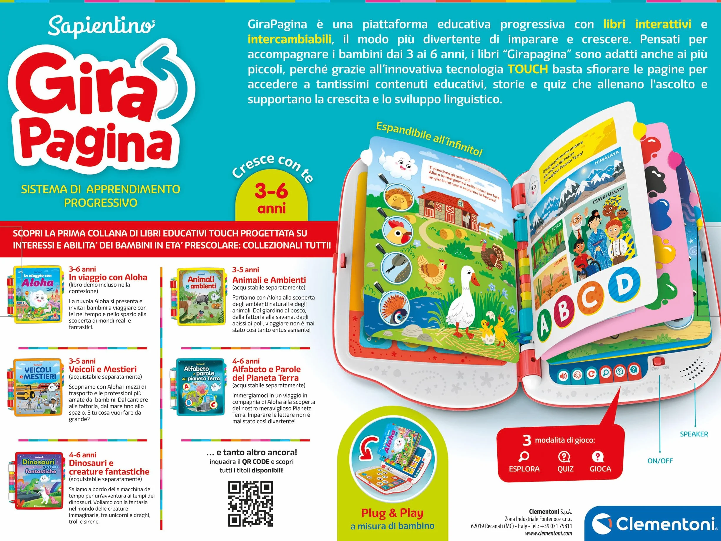 Clementoni - 16430 - Sapientino - Girapagina - Libro Elettronico Bambini, Gioco Educativo 3-6 Anni, Libro Interattivo, Elettronico Parlante, Apprendimento Acustico, Con Batterie
