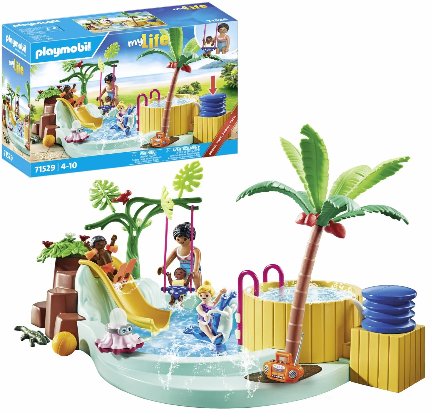 PLAYMOBIL myLife Promo Pack 71529 Piscina con Vasca idromassaggio, Divertimento Acquatico, Inclusi Scivolo a Onde, Dondolo a Molla e Altalena per Bambini, Giocattolo per Bambini dai 4 Anni in su