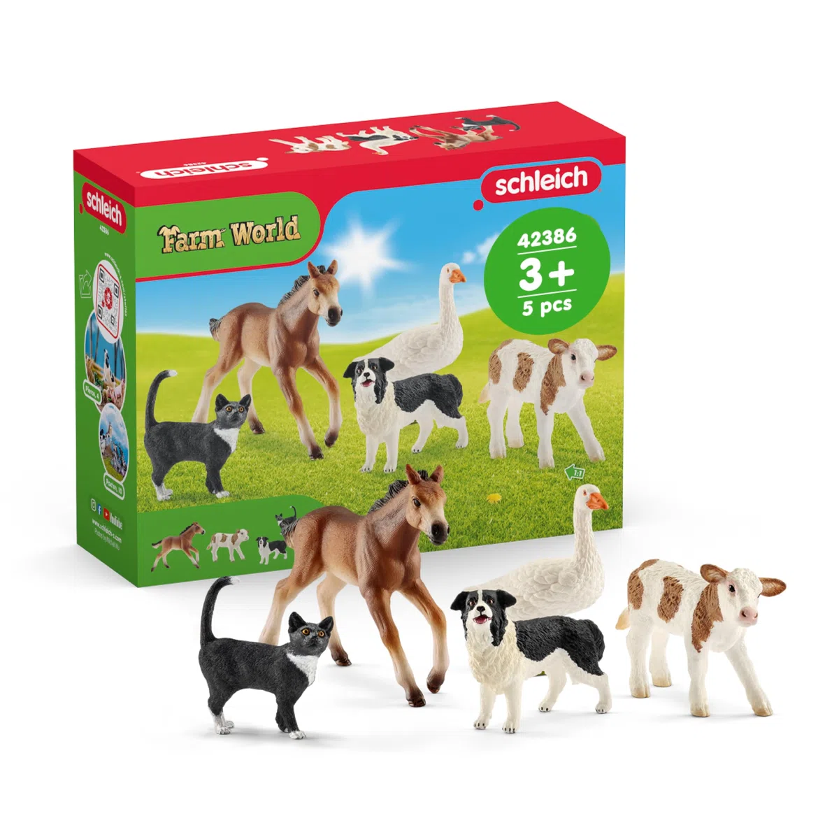 SCHLEICH FARM WORLD | Animali della Fattoria Bundle 42386 | Set con vitello, puledro, gatto, cane e oca | figure realistiche per bambini dai 3 anni | 5 pezzi | solo su Amazon