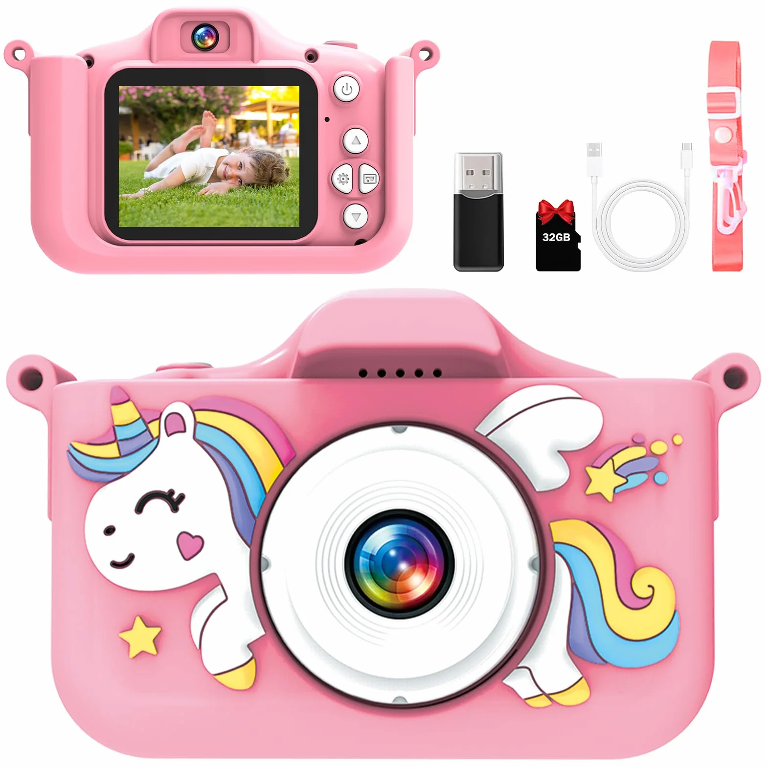 Fotocamera per bambini 1080P con 32GB e giochi - Fotocamera digitale per bambini dai 3 anni in su, fotocamera selfie con custodia in silicone unicorno, funzione di ricarica USB, musica e giochi