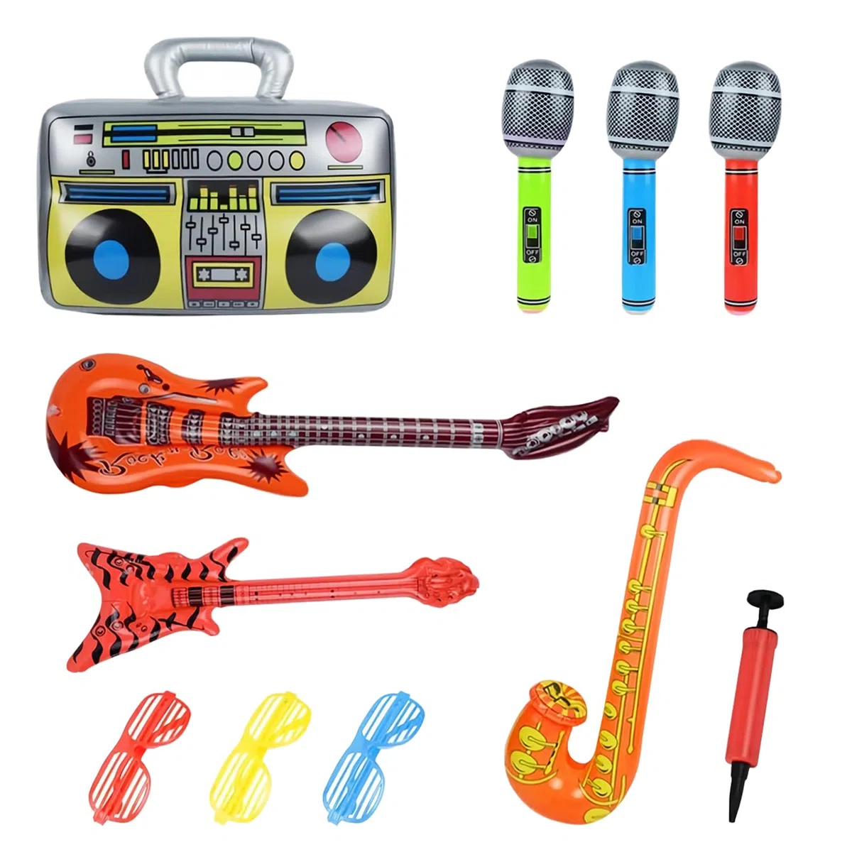 11 Pezzi Set di Strumenti Gonfiabili, 3 Paia di Occhiali da Sole + 3 Microfoni + 1 Chitarra + 1 Chitarra Elettrica + 1 Saxofono + 1 Radio + 1 Pompa ad Aria, Decorazioni Gonfiabili Natale per Feste di