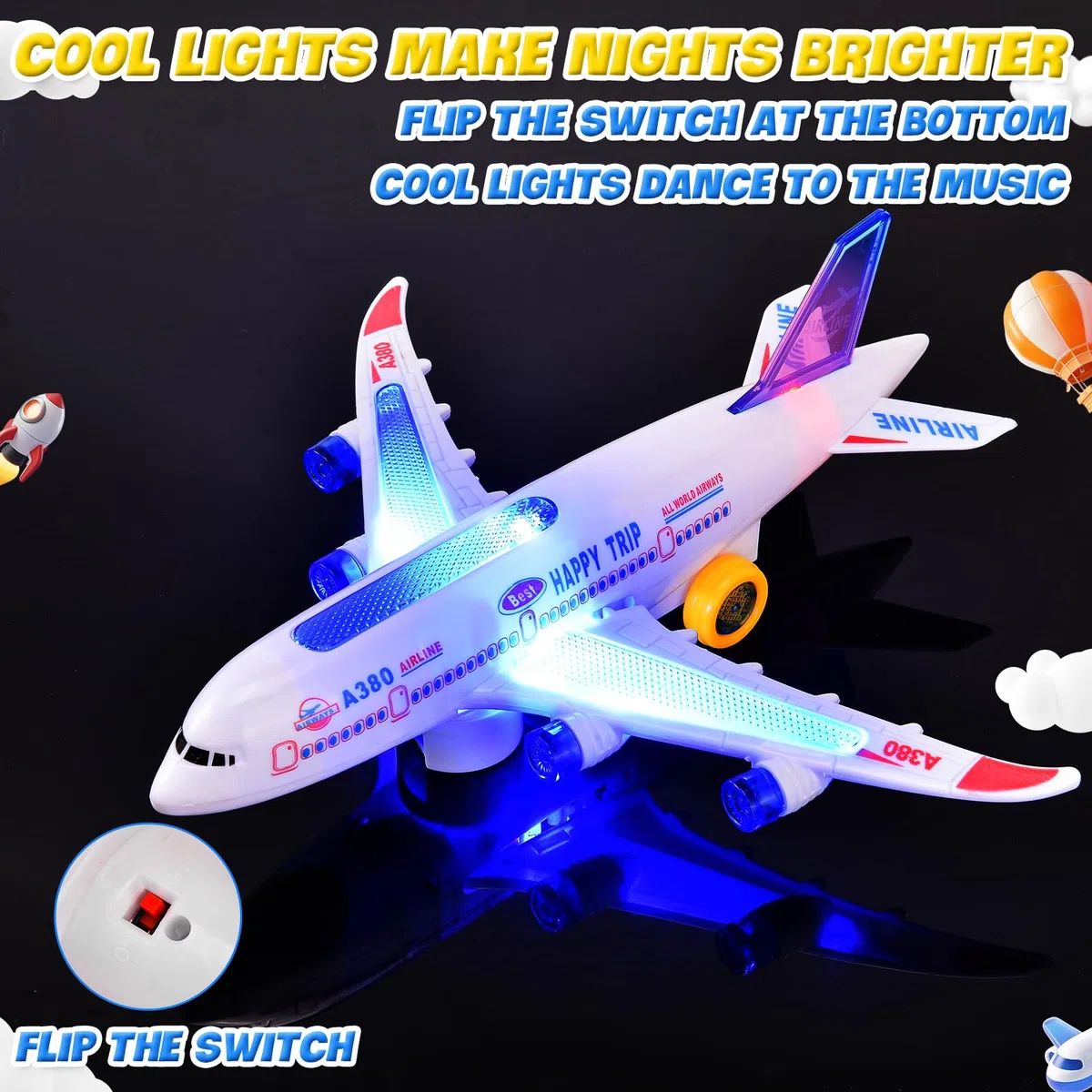 Aereo Giocattolo con Luci LED e Suoni di Decollo Realistici, Funzione Bump and Go, Aeroplano Giocattolo, Ragazzi e Ragazze dai 3 Anni in Su (30cm)