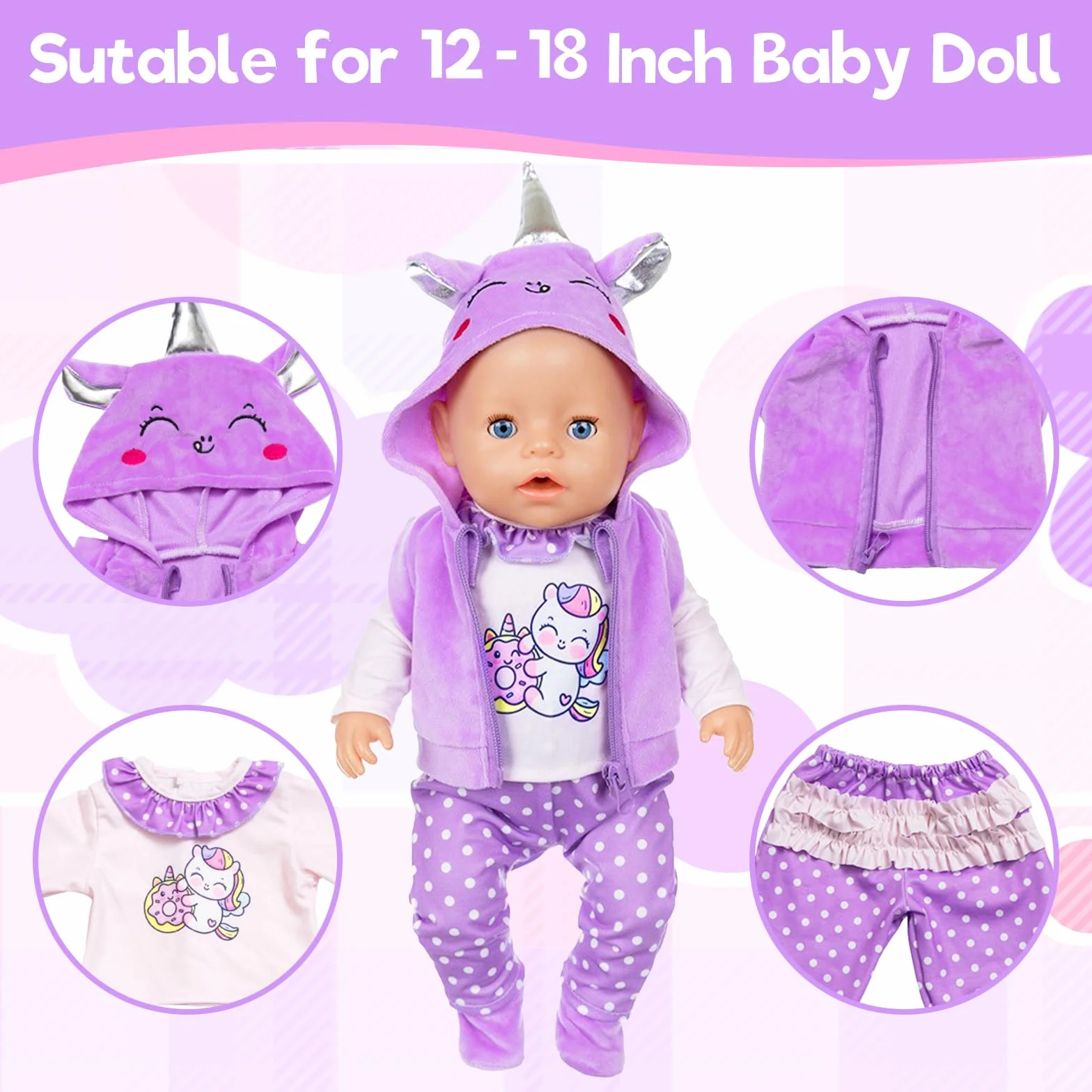 Abbigliamento e outfit per bambole neonate, abbigliamento per bambole pony 36-45 cm con felpa con cappuccio, pantaloni a punta a maniche lunghe, scarpe, set di abbigliamento per bambole, 12-18 pollici