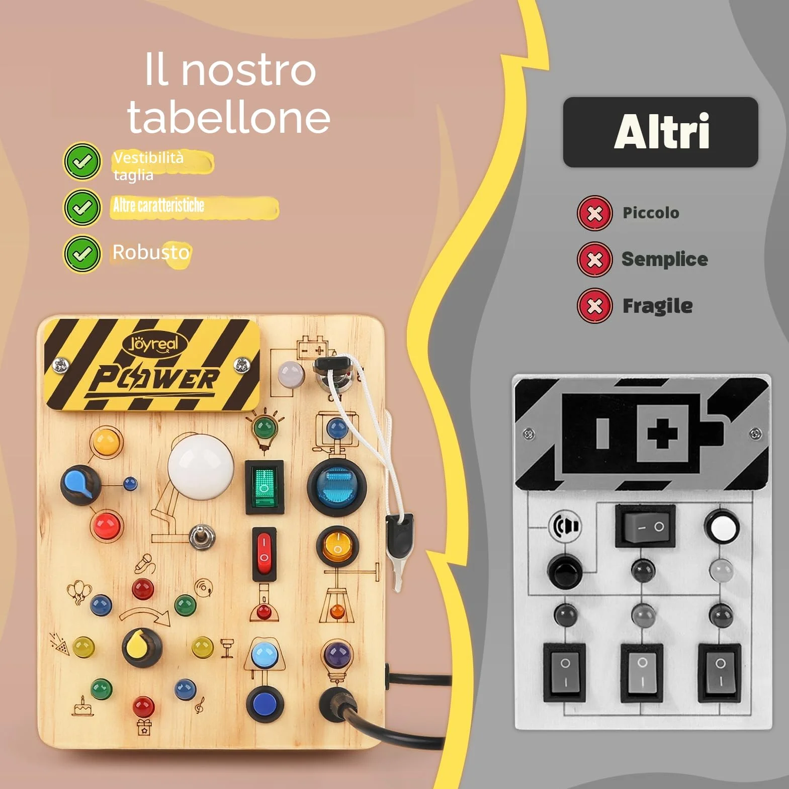 Joyreal Montessori Busy Board, Pannello Sensoriale Bambini Montessori in Legno con 19 LED, Giochi Educativi Regalo Bimbo 1 2 3 Anni, Tavolo Multiattivita Bambini