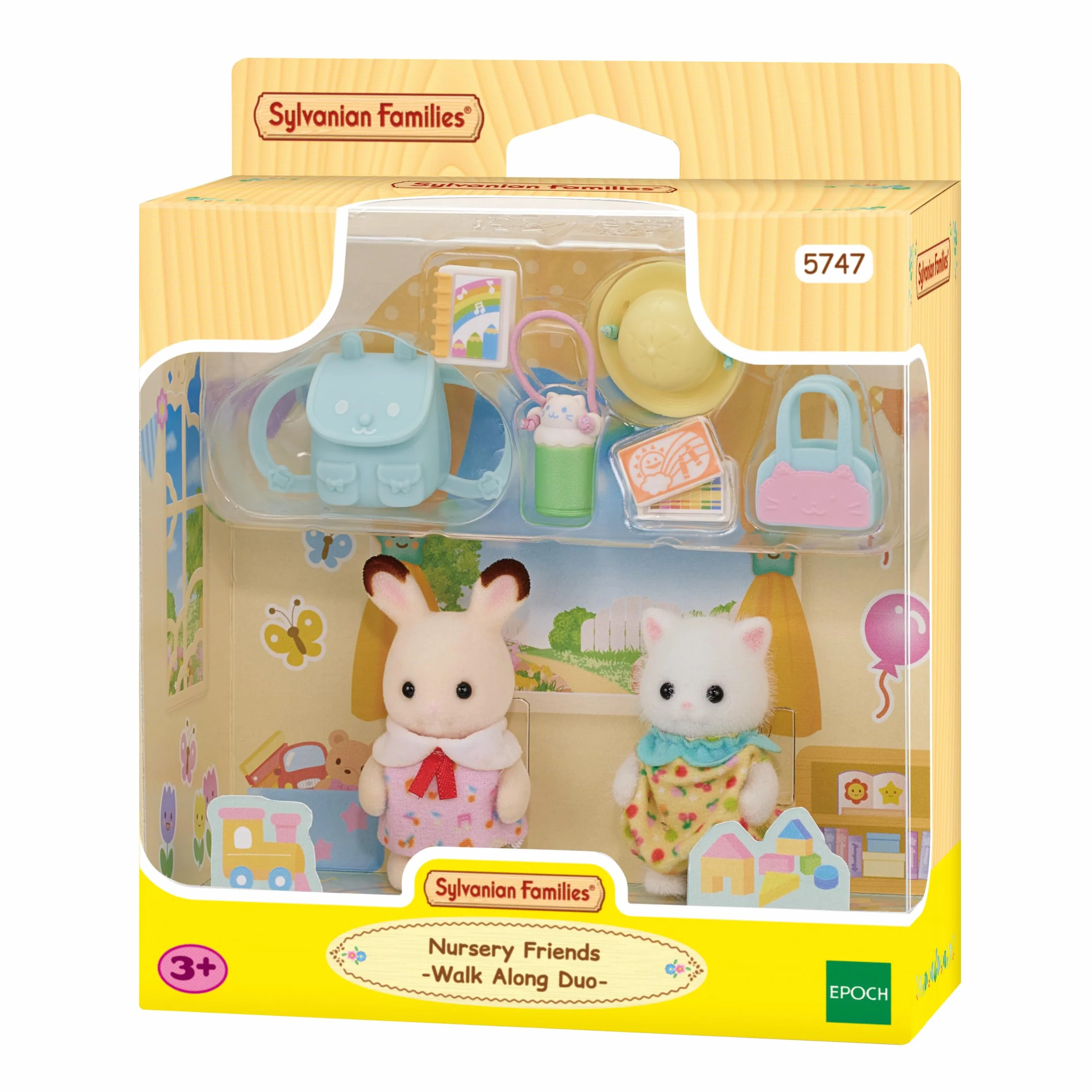 Sylvanian Families - Amici dell'Asilo - A Passeggio – Set di 2 Bebè con Zaino, Cappello e Accessori – Modello 5747