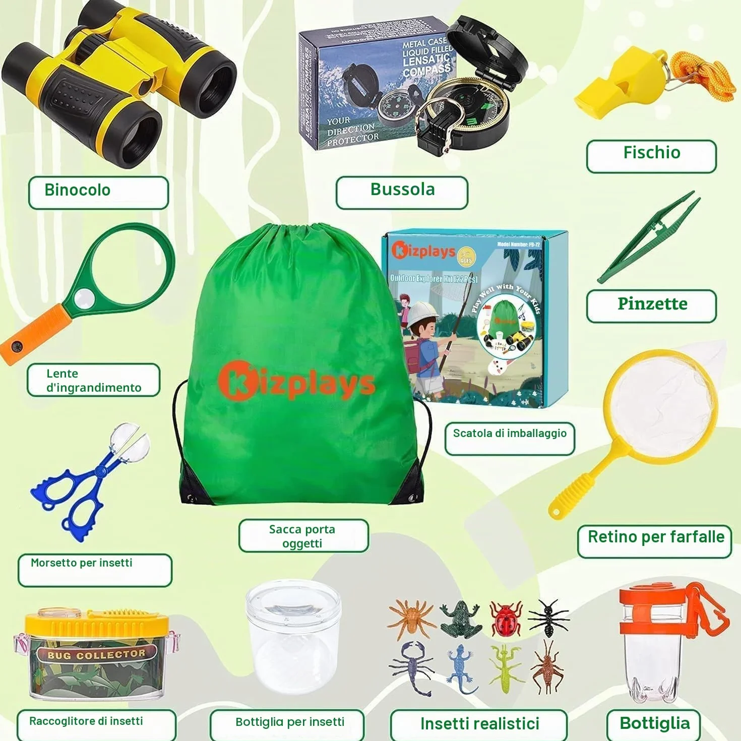 Kizplays Set Explorer Outdoor Giocattoli, Binocolo per Bambini Set Esploratore Avventuriero per Bambini 22 Pezzi con Pinzette Acchiappasetti Bussola Lente d'ingrandimento