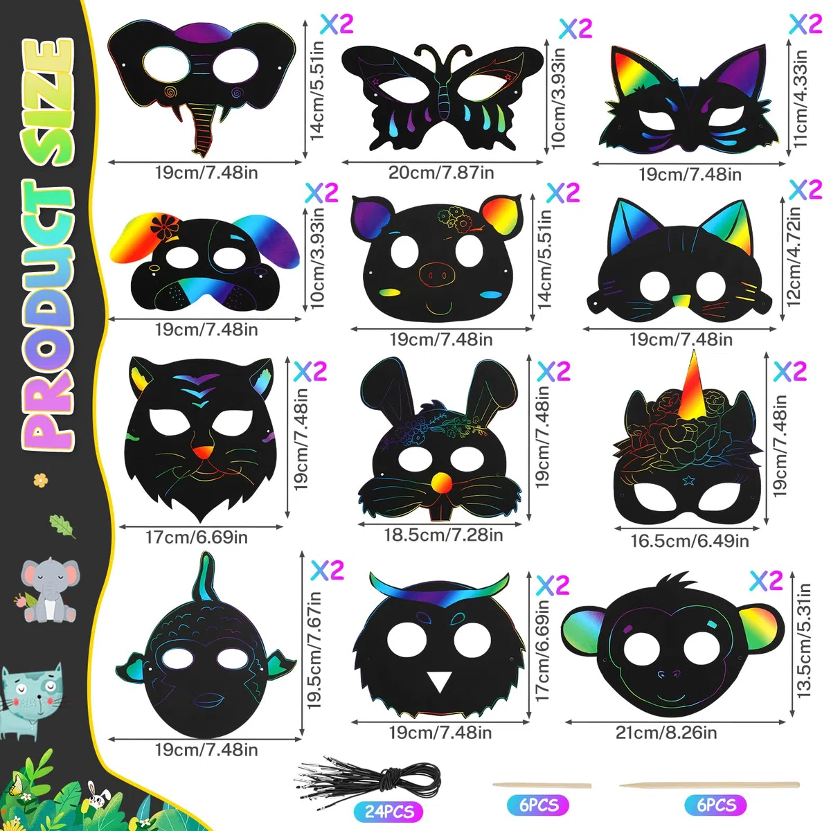 RVLZKCPG 24 Pezzi Scratch Art Maschere per Bambini, Maschera da Grattare per Bambini, Gratta e Vinci per Bambini di Animali con 24 Corde Elastiche e 12 Penne di Legno per Compleanno Festa
