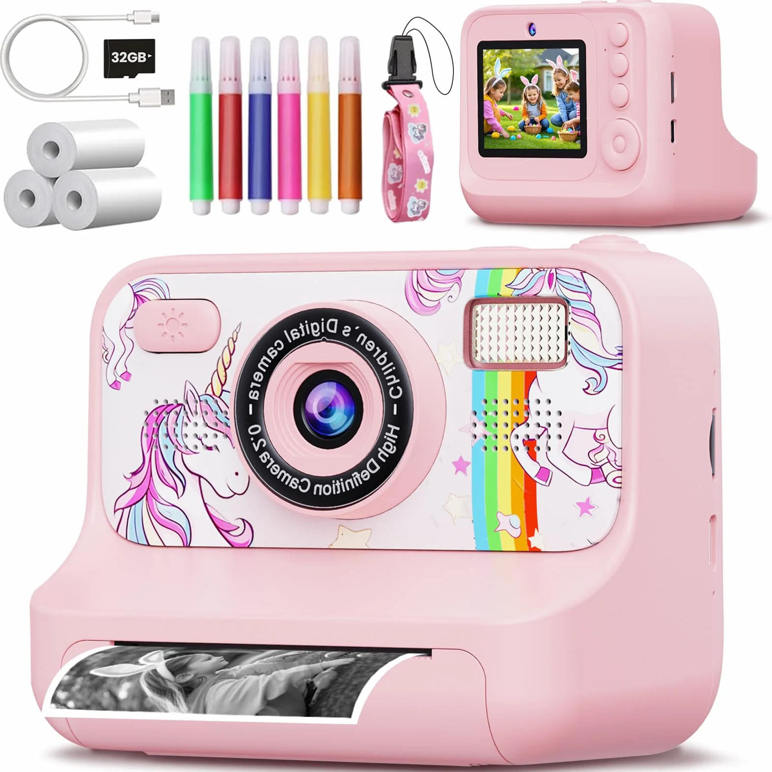 Fotocamera Istantanea per Bambini, Fotocamera Bambini HD 1080P con Schermo da 2,4 Pollici, Scheda da 32 GB e 3 Rotoli di Carta da Stampa, Ragazze e Ragazzi da 3 a 12 Anni (Rosa, carino)