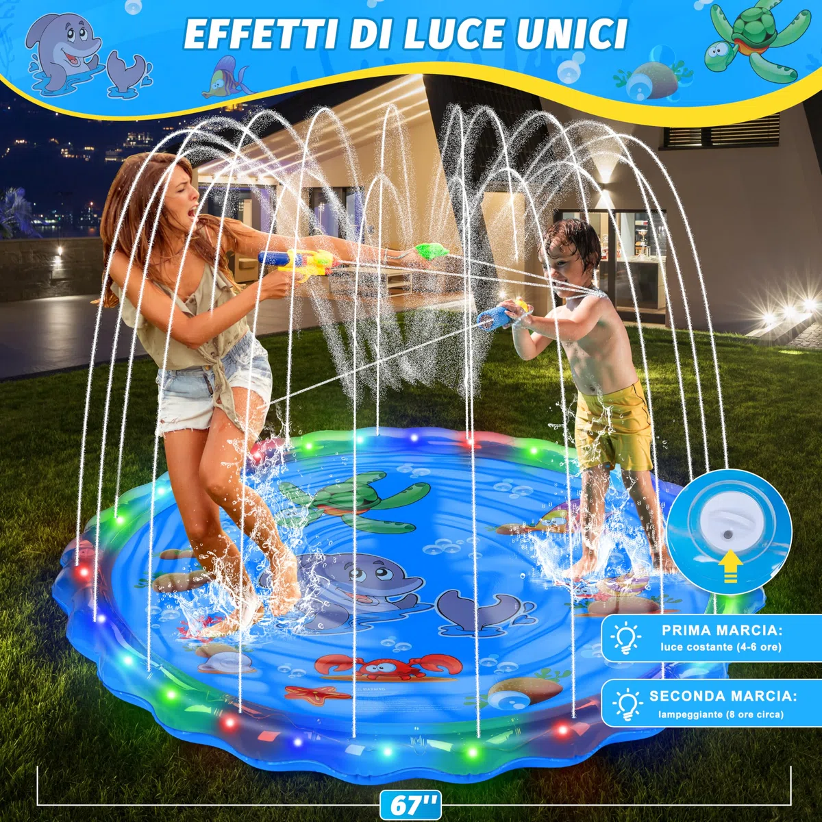 IEEILULU Tappetino Gioco d'Acqua per Bambini, 170cm Splash Pad, Giardino Estivo All'aperto Spray Acqua Giocattoli per Bambini (Blu)