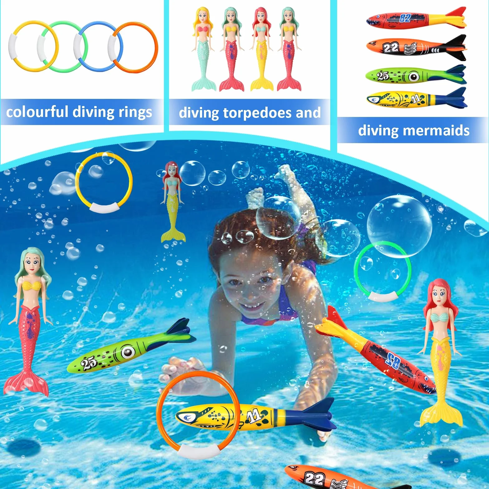 Set di giocattoli per immersioni subacquee, 12 pezzi, anelli per immersioni per bambini dai 4 ai 12 anni, siluri colorati e set di sirene subacquee, regalo per festa di piscina estiva per
