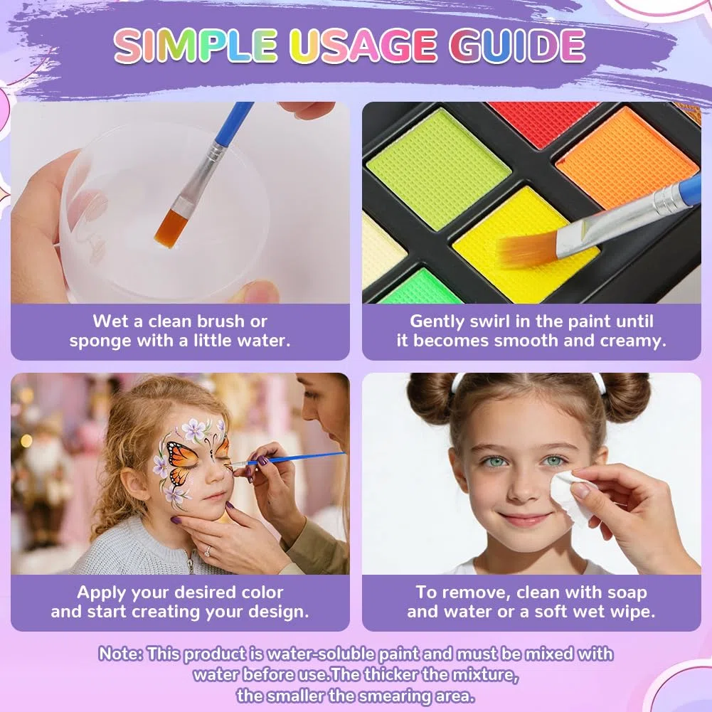 Truccabimbi Trucco per Bambini, 24 Colori Trucco Viso Bambini con 4 Pennelli, 40 Adesivo per Tatuaggi, 4 Stencil a Diamante, Body Painting per Halloween Carnevale Feste Natale