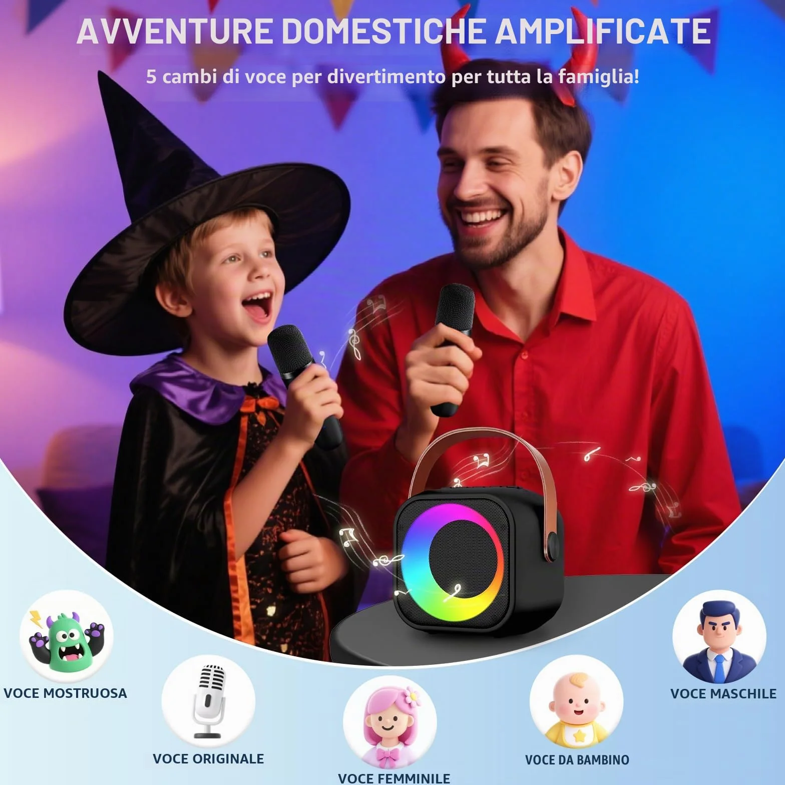 Karaoke Bambini con 2 Microfoni, Microfono Karaoke per Bambini e Adulti con Luce LED, Macchina Karaoke Portatile con Effetti di Cambio Voce, Regali per bambini da 3 a 12 anni