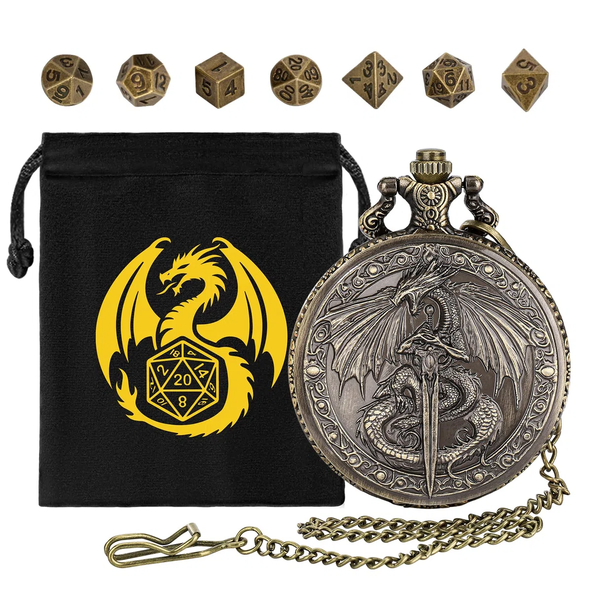 Mini Set di Dadi DND, Drago Volante Che Tiene La Spada Custodia per Orologio da Tasca, 7 pezzi in Metallo Poliedrico Set di Dadi D&D, Regali di D&D con Sacchetto Regalo, Accessori per Giochi di Ruolo