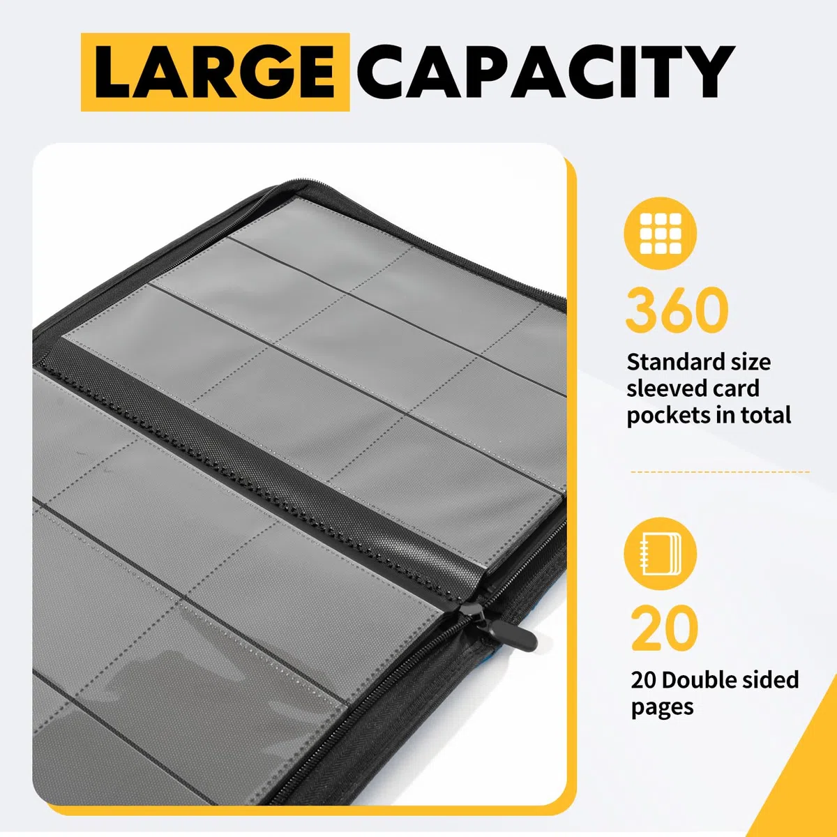 Raccoglitore Carte, Album portacarte collezionabili 9 tasche Copertura in PU con cerniera, Capacità di 360 carte per TCG e carte sportive (Giallo)