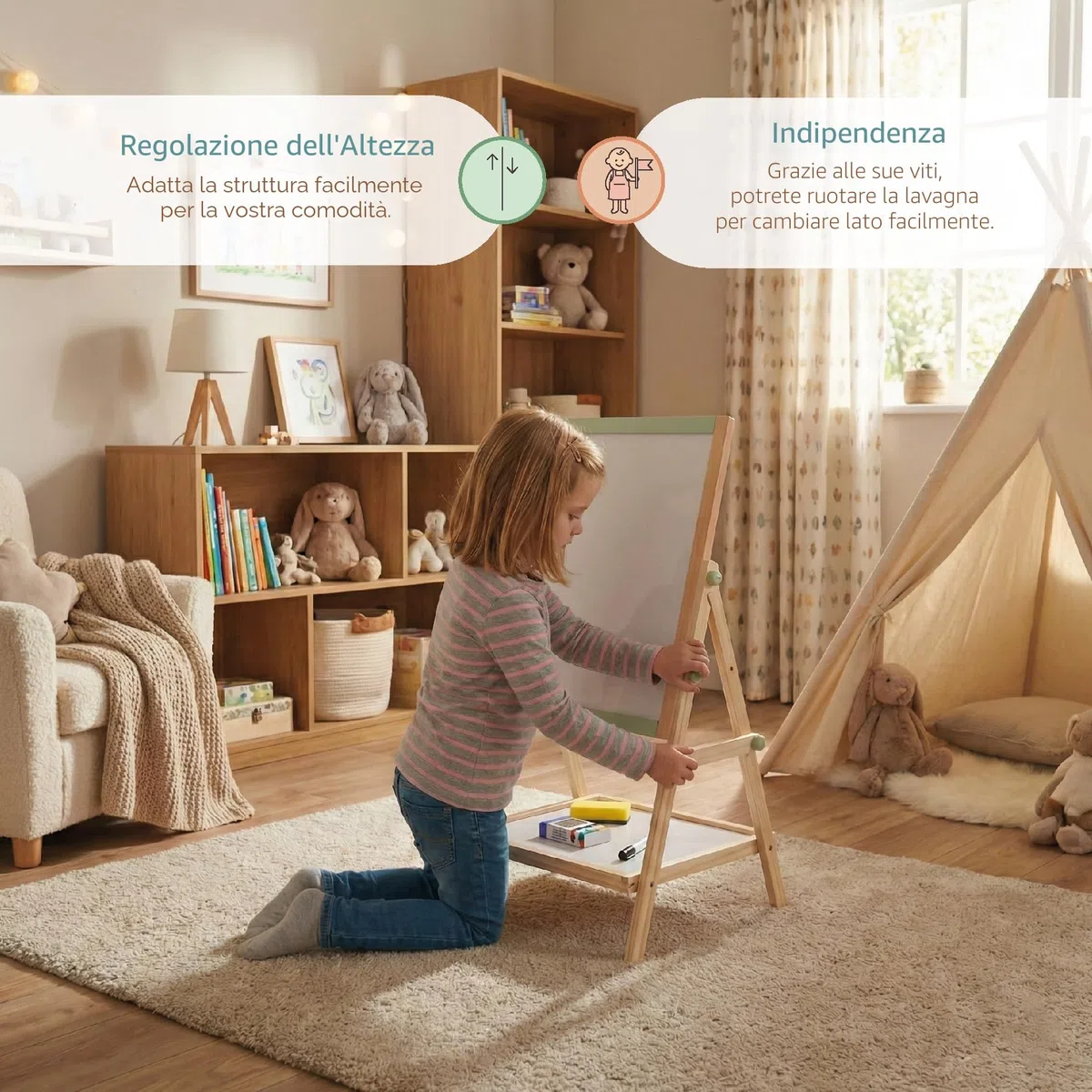 BUDDY BABY Creative Board - Lavagna creativa per bambini Montessori - Doppia faccia con cavalletto - Include scatola di gessetti, 2 gomme e 1 Boli - Dimensioni: 65 x 37 x 35